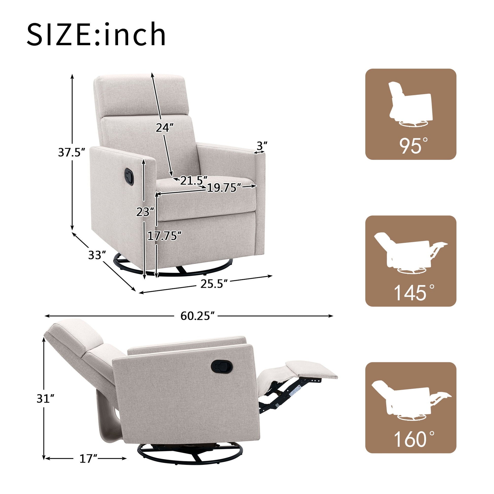 Modern Upholstered Rocker Nursery Chair Plush Seating Glider Swivel Recliner Chair Hearth and Haven
