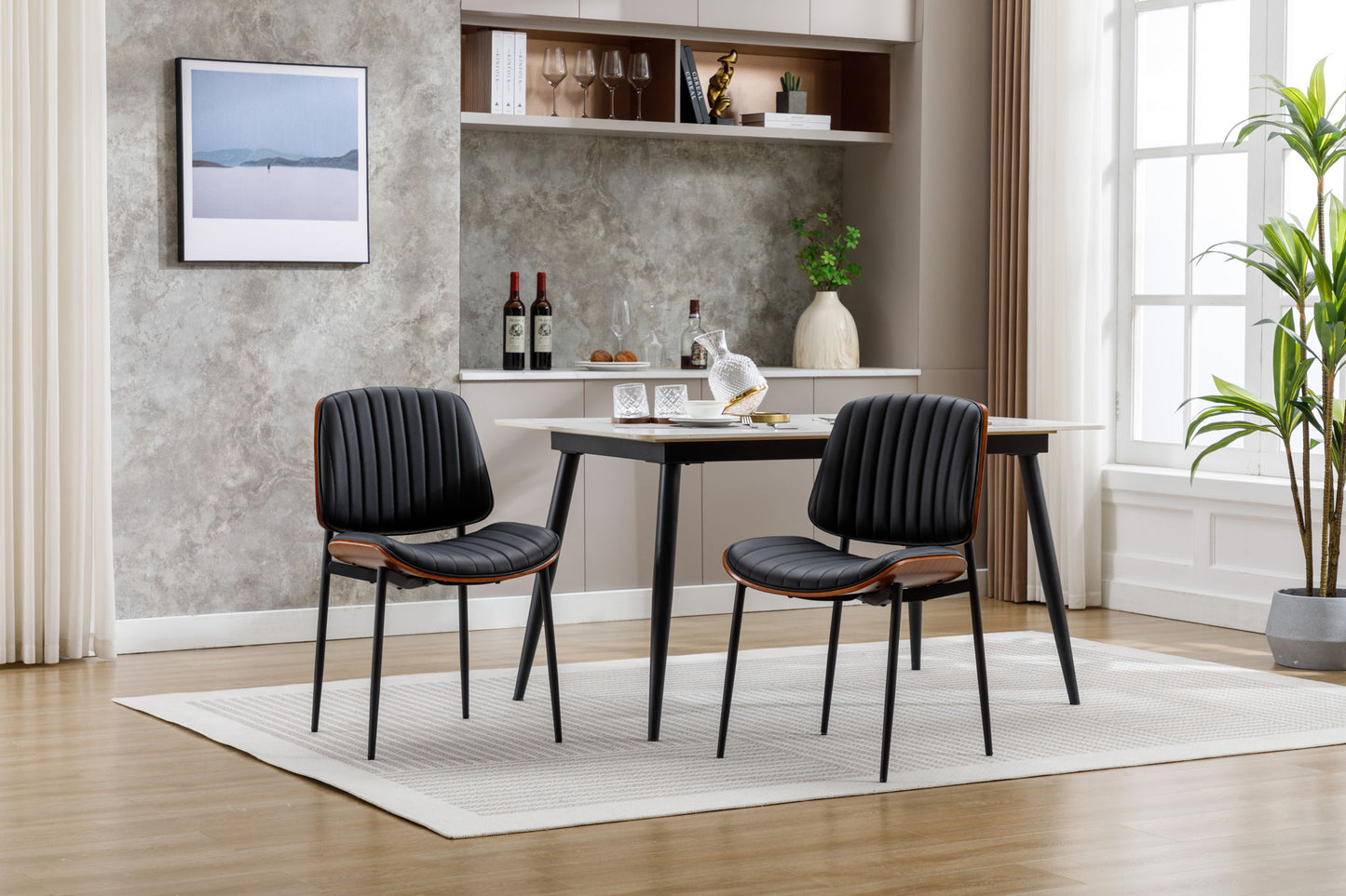 Dining Chairs (Set of 2) Mid-Century Modern Retro Faux Leather Chair With Bentwood Upholstered Seat Metal Legs Adjustable Foot For Kitchen Dining Room Chairs Home Essentials