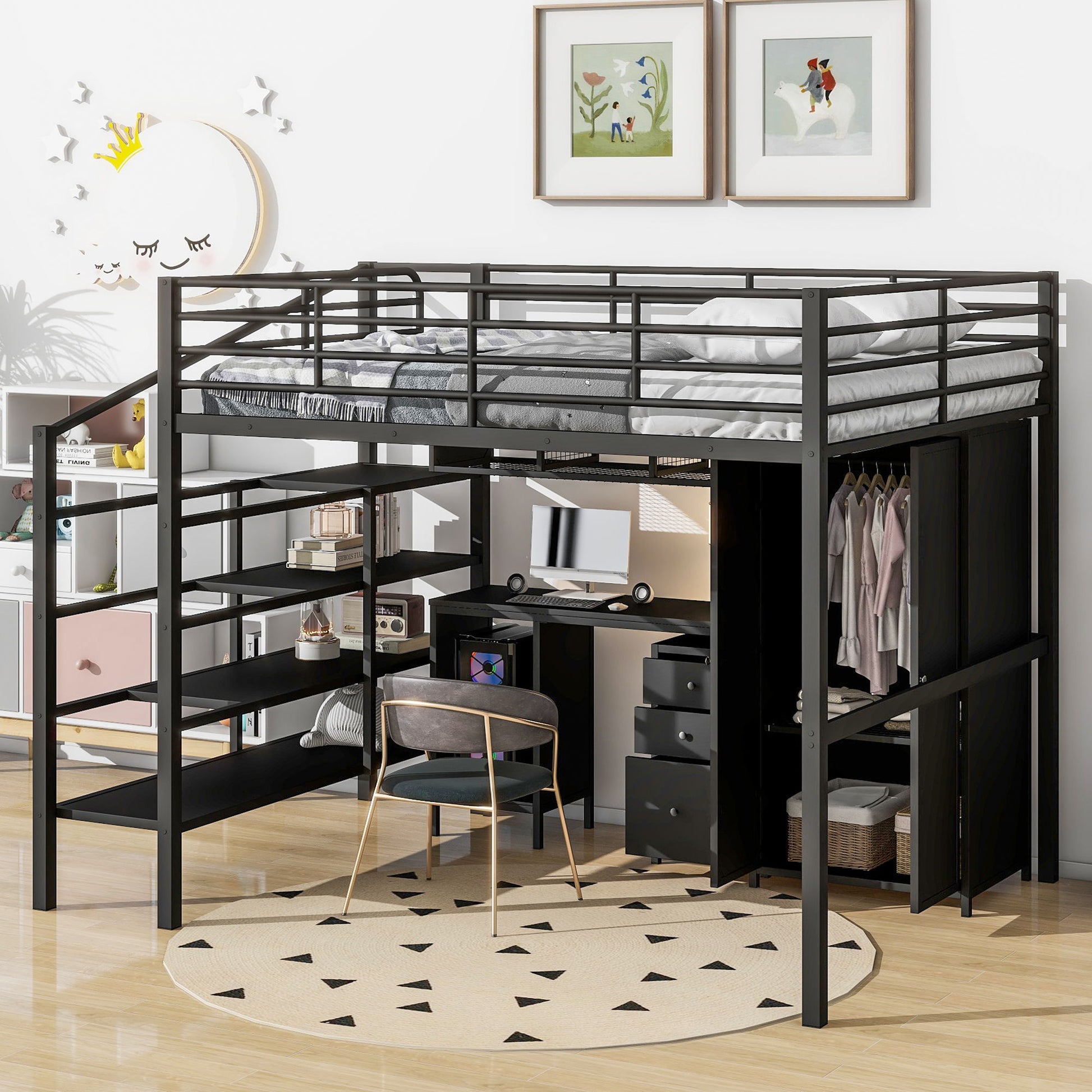 Full Size Loft Bed With Desk Set And Wardrobe - Black Dreamland