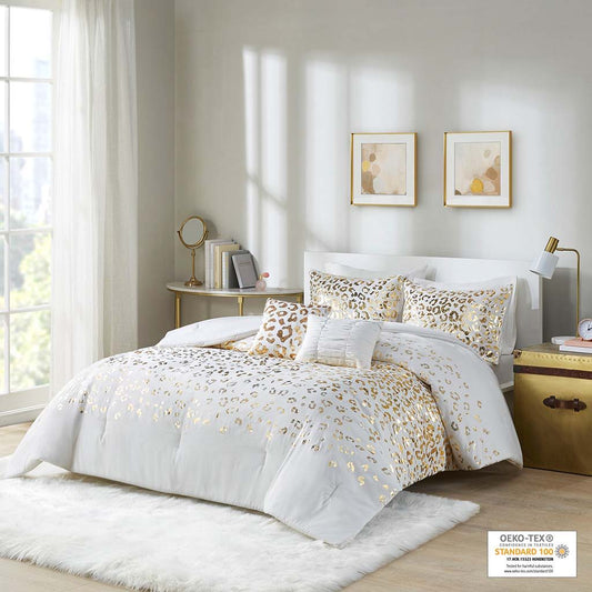 Lillie - Metallic Animal Printed Comforter Set - Ivory / Gold