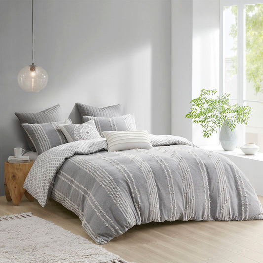 Kara - 3 Piece Jacquard Duvet Cover Set - Gray