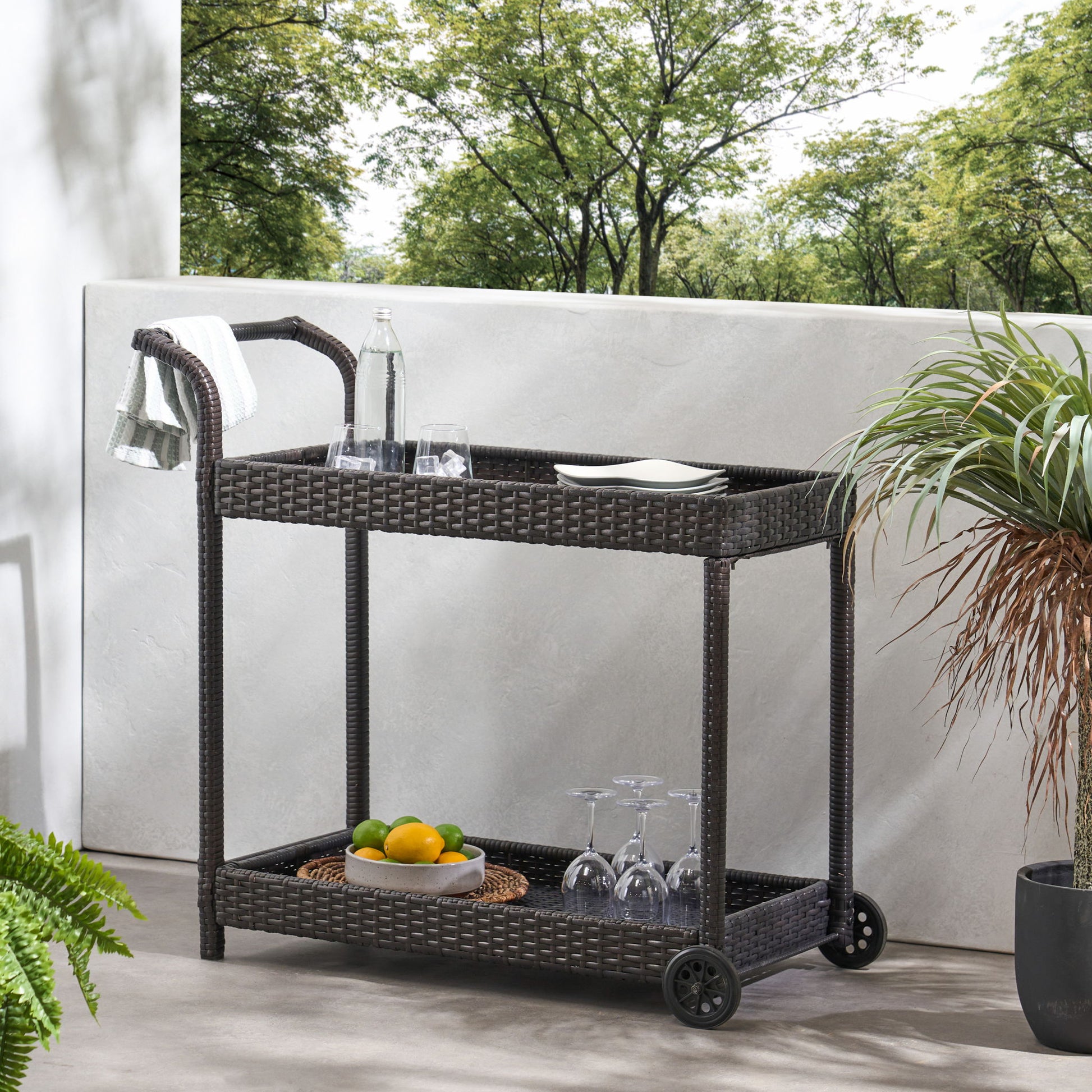 Resin Wicker Bar Cart With Metal Frame - Brown Noble House