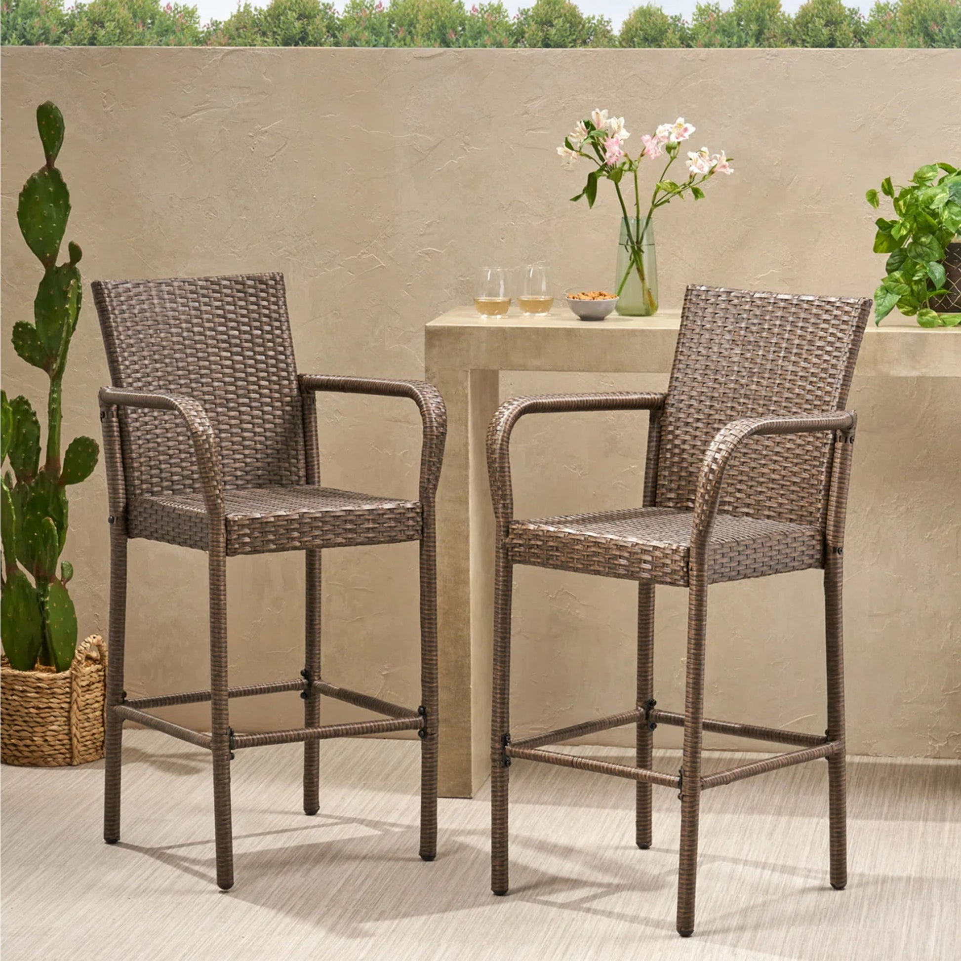 Outdoor Wicker Barstools With Rattan And Iron Frame Noble House