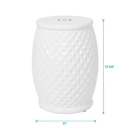 Glazed Ceramic Drum Stool Indoor / Outdoor Side Table Ceramic - White Home Essentials