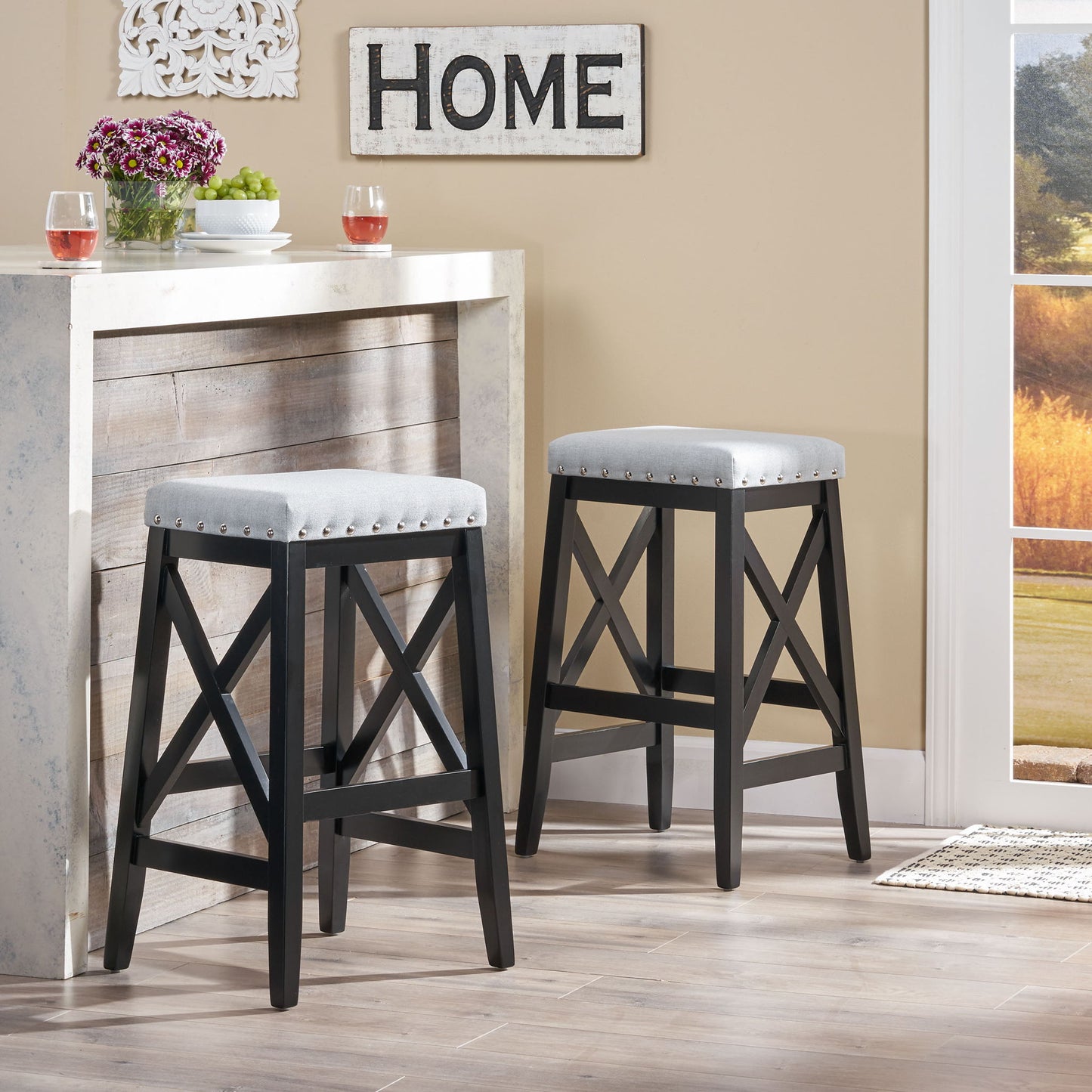 Greely Saddle Barstool Set With Fabric Upholstery - Light Gray Noble House
