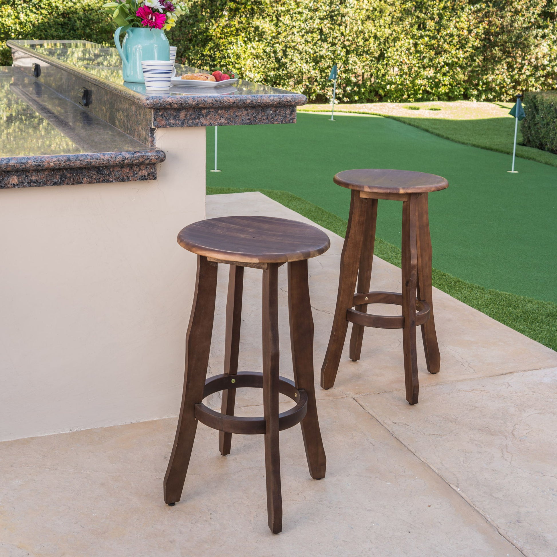 Primrose - Outdoor Acacia Wood Barstools With Foot Rest, (Set of 2) - Dark Brown Noble House