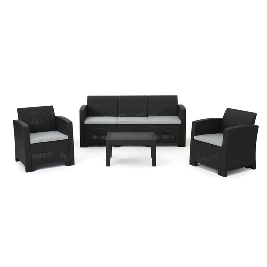 Velvora - Outdoor Wicker Set With 3 Seater Sofa, 2 Club Chairs, Coffee Table And Cushions - Brown Noble House
