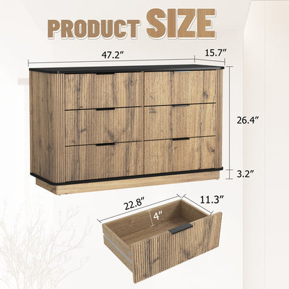 Modern 6 Drawer Cabinet With Metal Rounded Corners And Exquisite Handles Multi Functional Storage - Natural Wood Home Essentials
