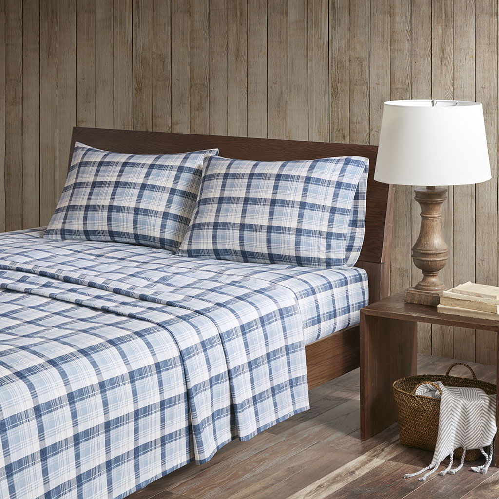 Queen Sheet Set Cotton - Blue Plaid