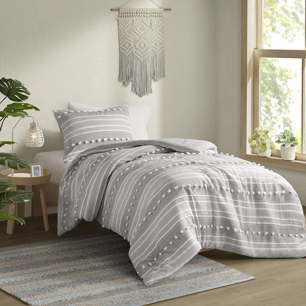 Rowan - Striped Clipped Jacquard Twin Comforter Set - Gray