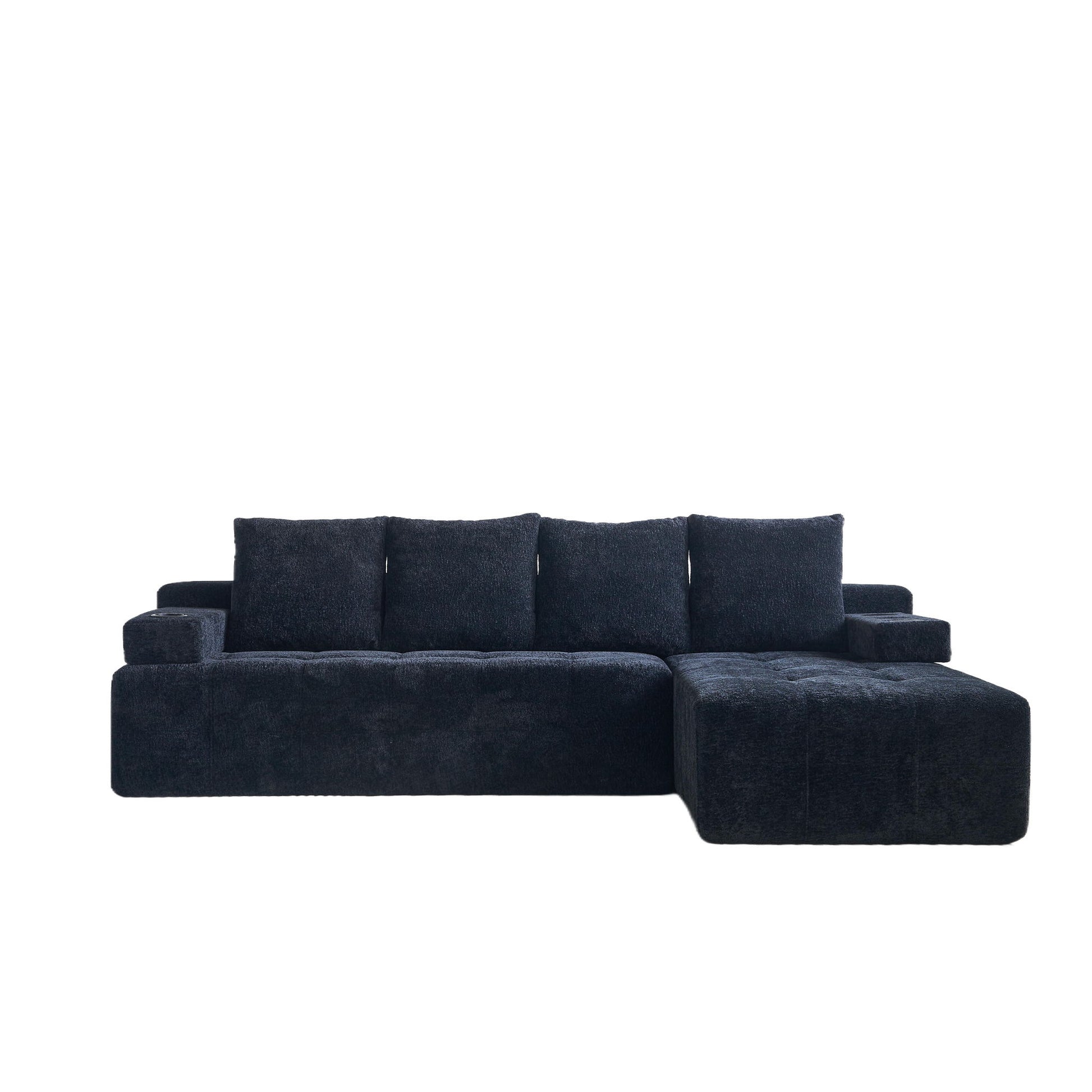 L - Shaped Sectional Sofa With Side Pockets, Wireless Charging, USB Ports, Cup Holder, Bluetooth Speaker, Reversible Lounge Chaise - Black Home Essentials