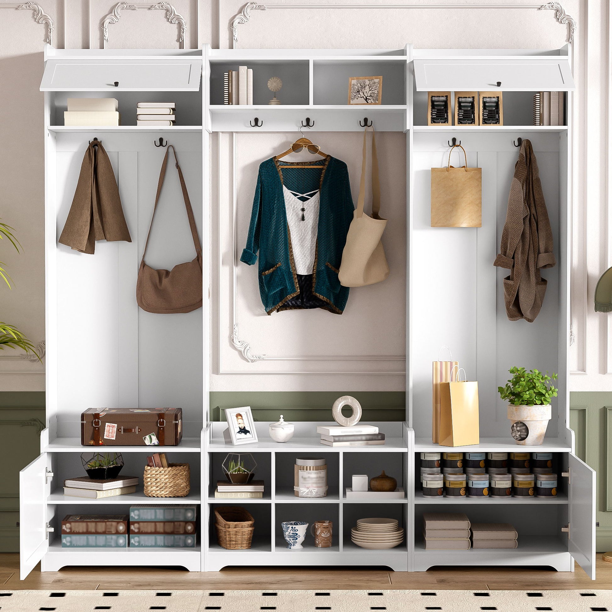 Wide Hall Tree With Shoe Storage, 4 In 1 Entryway Bench With 8 Cubbies, 7 Coat Hooks & Adjustable Shelf For Hallway - White Hearth and Haven