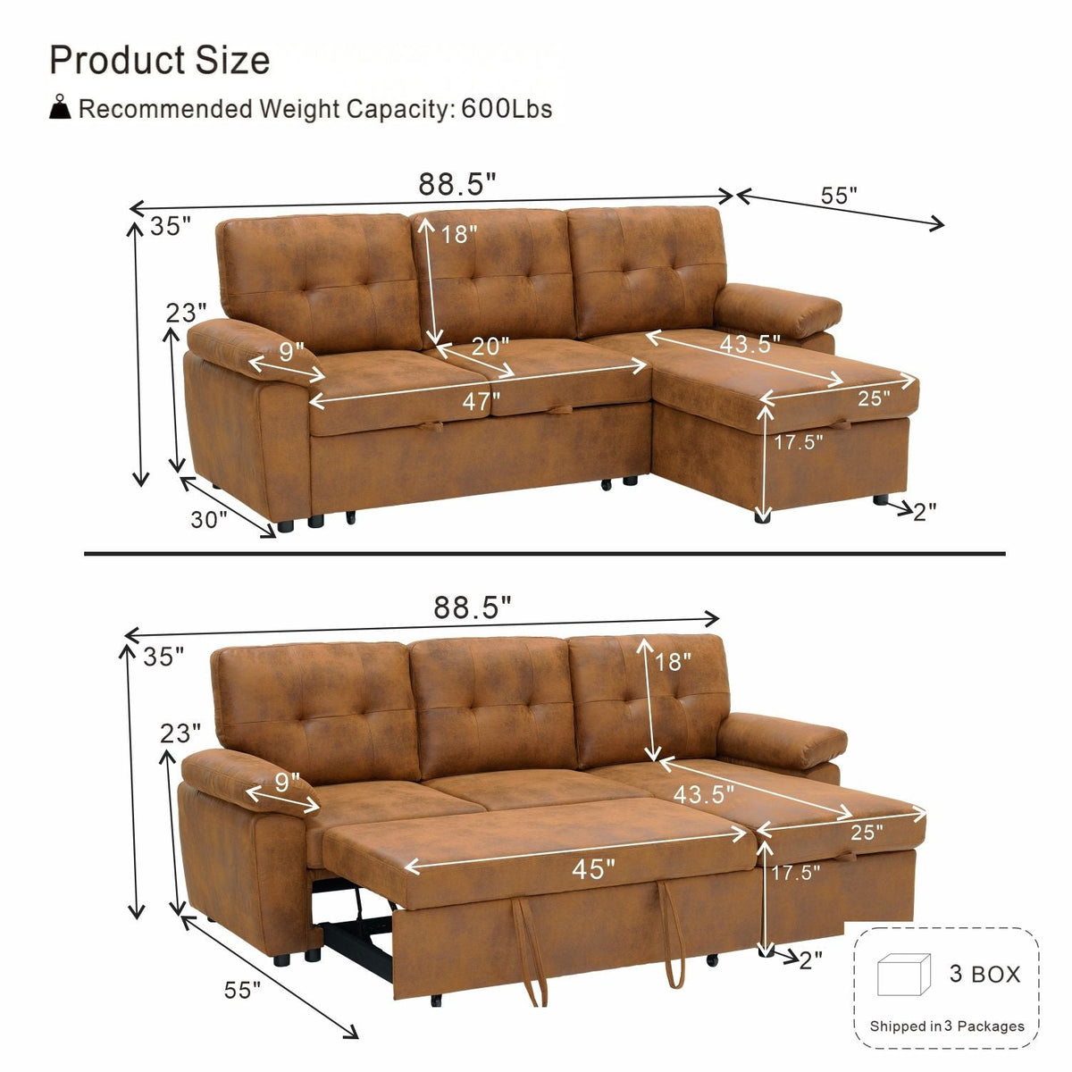 Convertible L - Sectional Sofa Bed With Storage Chaise And Padded Armrests Home Essentials