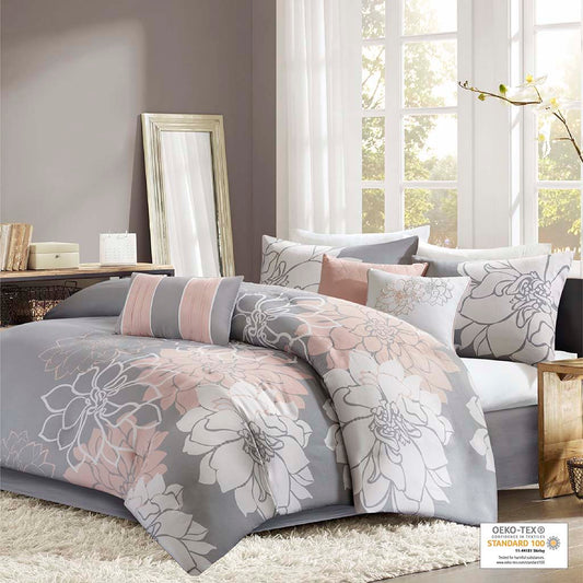 Lola - King Comforter Set - Gray / Blush