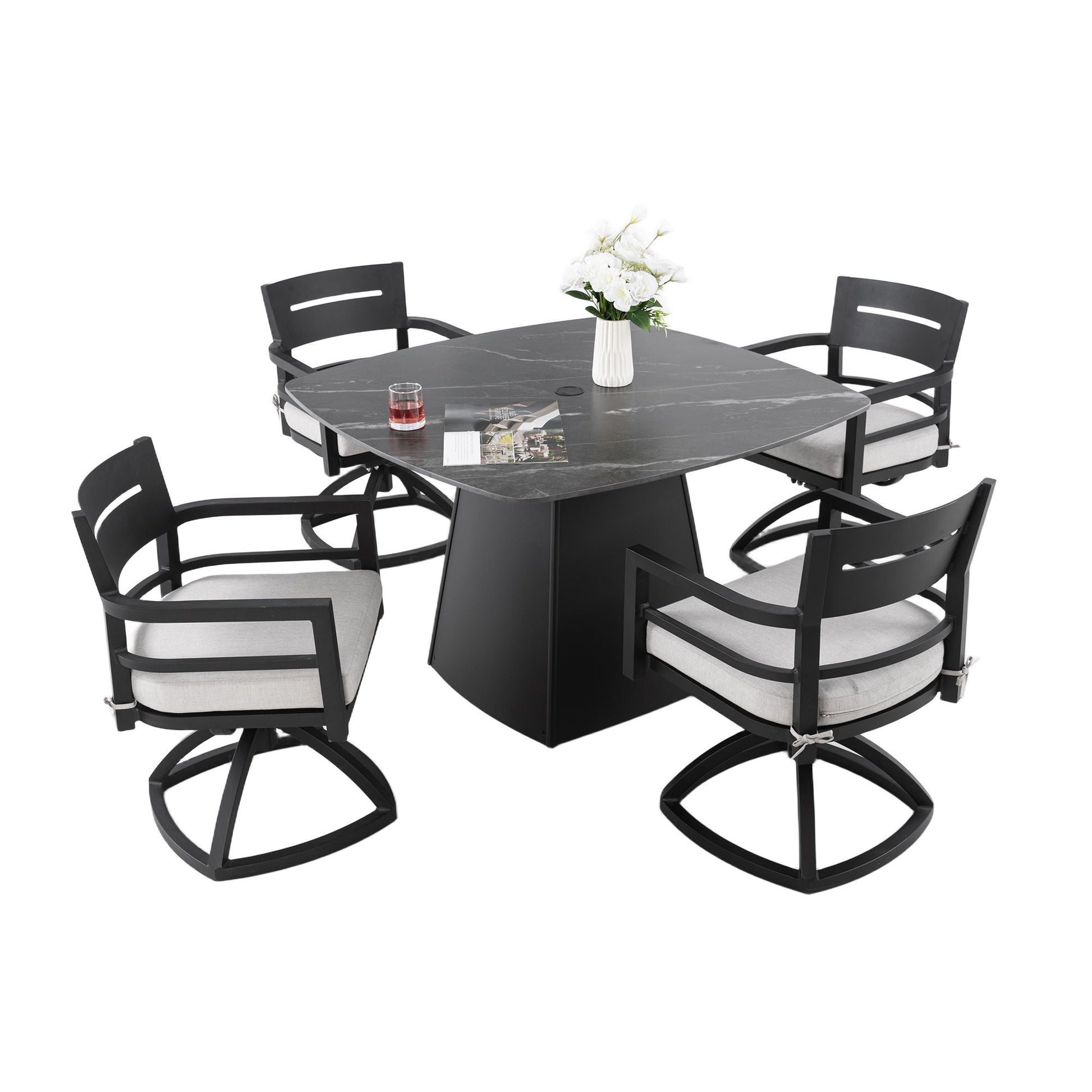 Outdoor Patio Dining Set, Squircle Dining Table, Dining Chairs With Sunbrella Cushions Life Outside