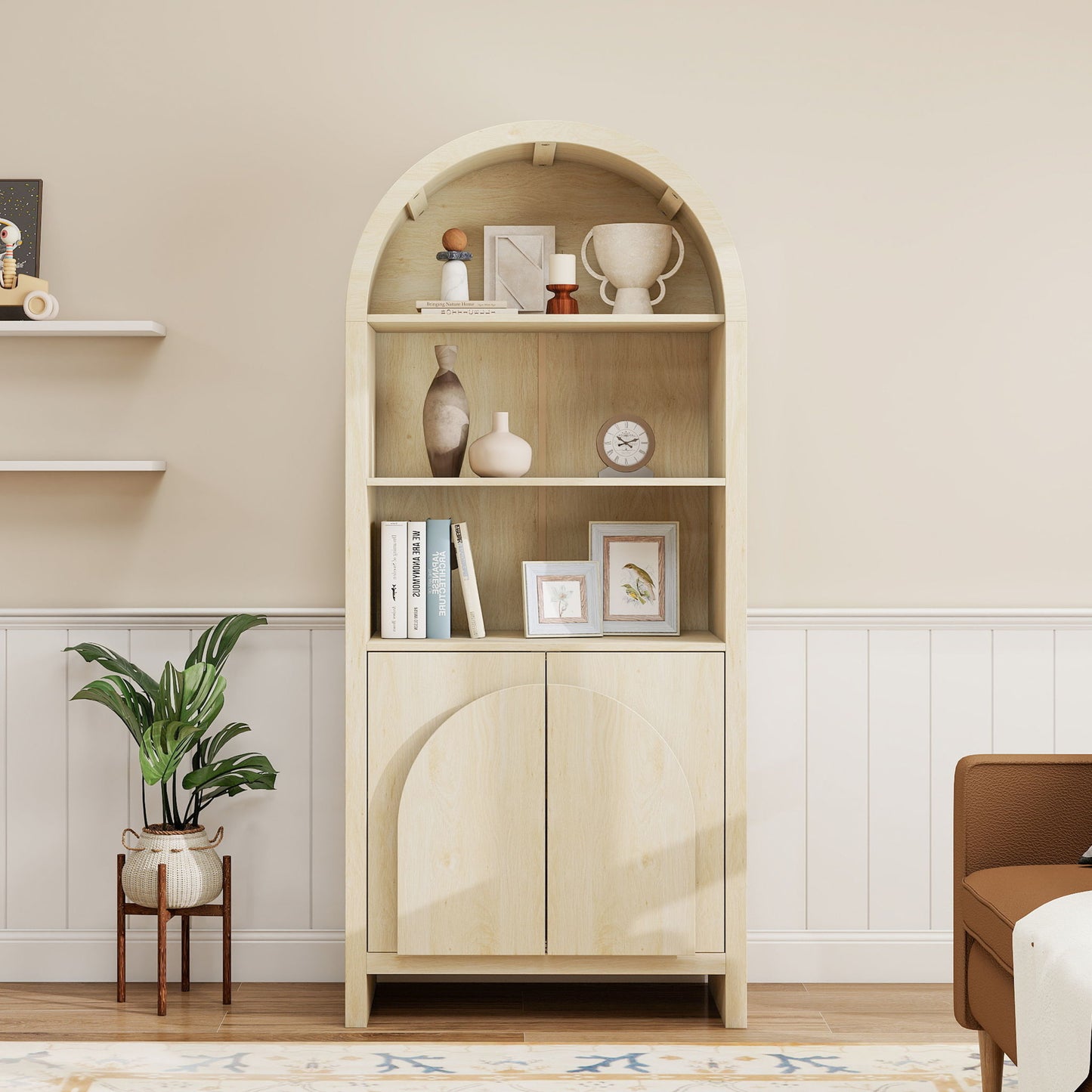 Arched Kitchen Pantry, Modern Farmhouse Wood Kitchen Storage Cabinets, Arched Storage Display Cabinet With Adjustable Shelves, Versatile Cupboard For Kitchen, Dining Room - Natural Home Essentials