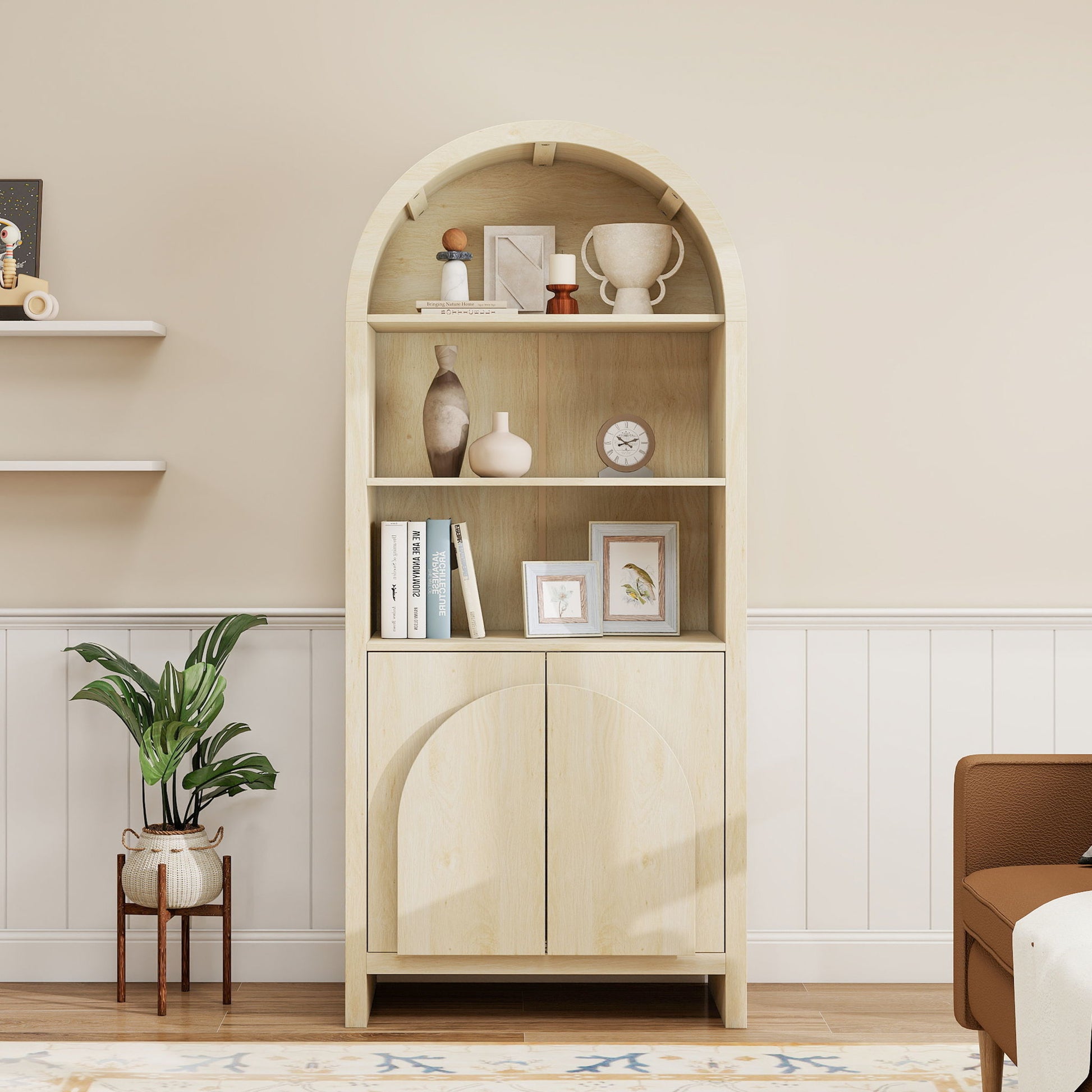 Arched Kitchen Pantry, Modern Farmhouse Wood Kitchen Storage Cabinets, Arched Storage Display Cabinet With Adjustable Shelves, Versatile Cupboard For Kitchen, Dining Room - Natural Home Essentials