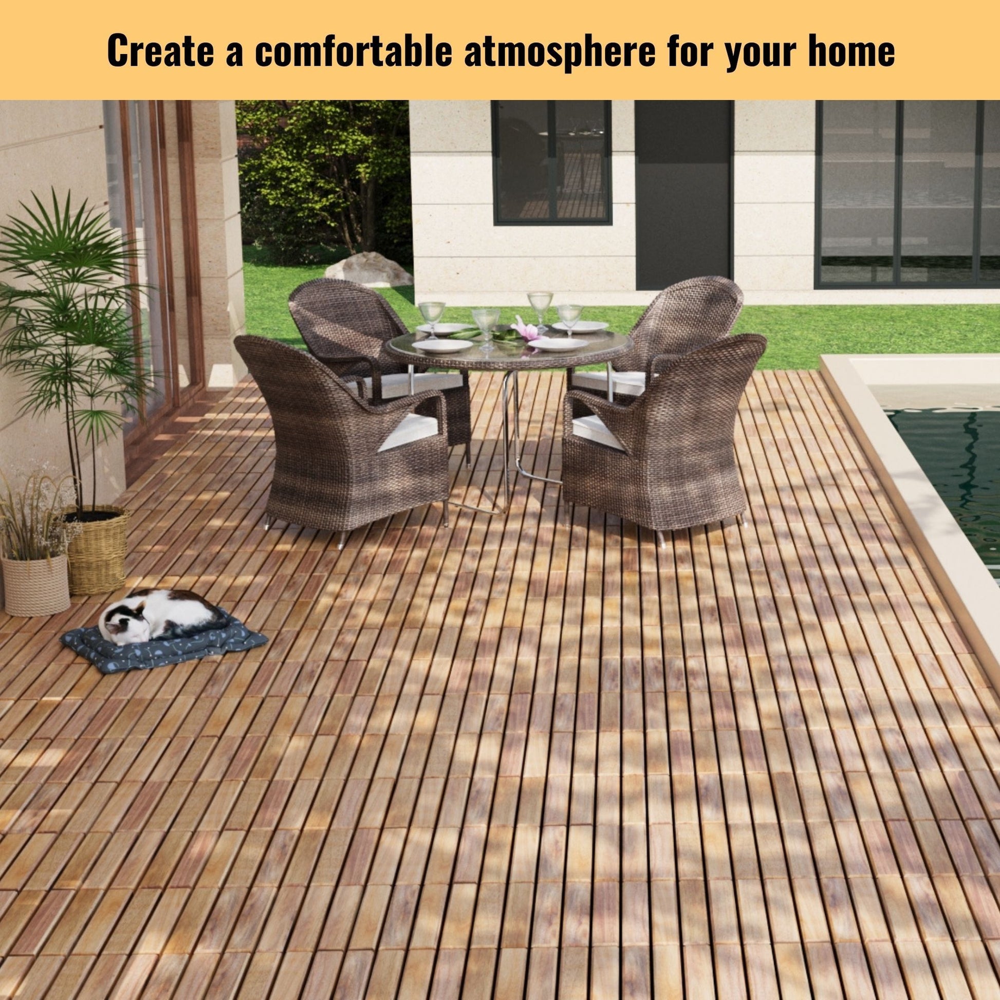 Interlocking Deck Tiles Striped Pattern, Square Acacia Hardwood Outdoor Flooring For Patio, Bancony, Pool Side Daily Nest