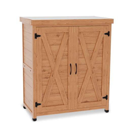 Rustic Cedar Potting Bench With Storage Cabinet And Metal Table Top For Outdoor Patio - Light Brown Home Essentials
