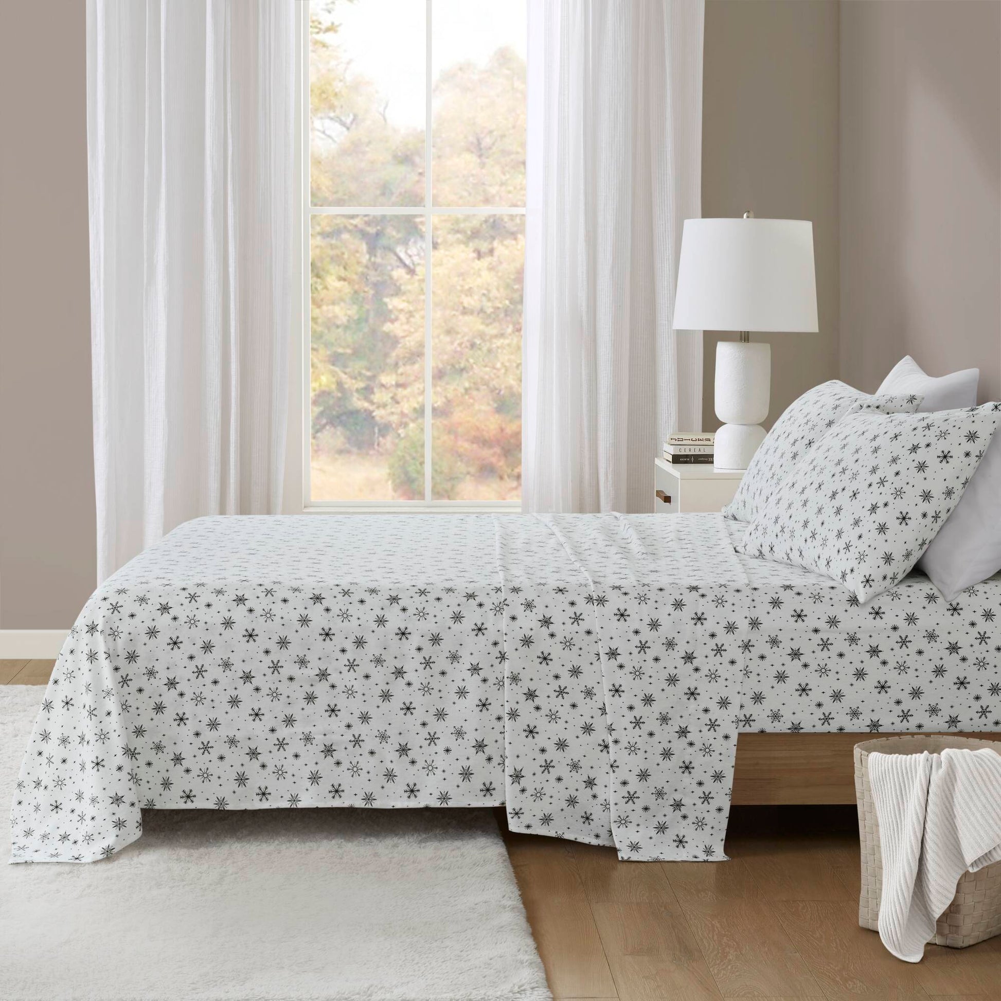 Cozy Cotton Flannel - King Printed Sheet Set - Black Snowflakes True North by Sleep Philosophy