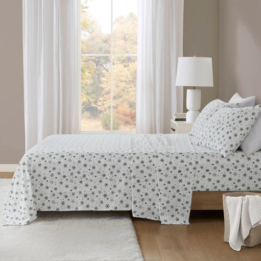 Cozy Cotton Flannel - California King Printed Sheet Set - Black Snowflakes True North by Sleep Philosophy