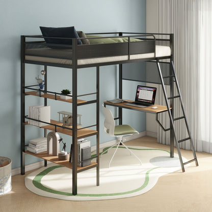 William - Twin Loft Bed 3 Shelf With Built In Desk - Matte Black Furniture Max