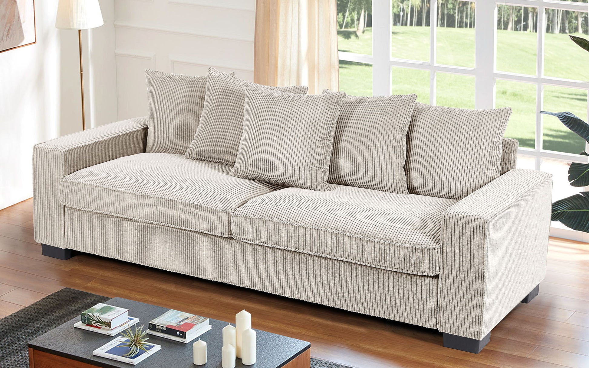 Luxe Corduroy Sofa With 5 Matching Toss Pillows, Sleek Design, Spacious And Comfortable 3 Seater Couch US Pride