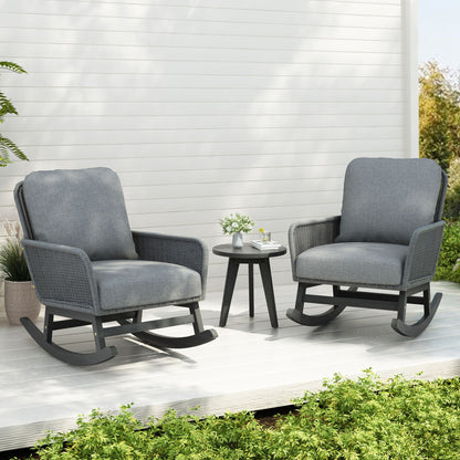 Modern 3 Piece Outdoor Seating Set With Cushioned Rattan Rocking Chairs And Wooden Accent Table Noble House