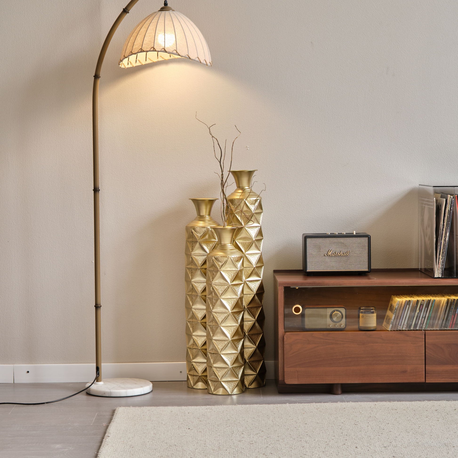 Metal Decorative Vase High Distress Metal Center Vase With 3D Triangle Pattern, (Set of 3) Vases For Home Decoration - Gold Daily Nest