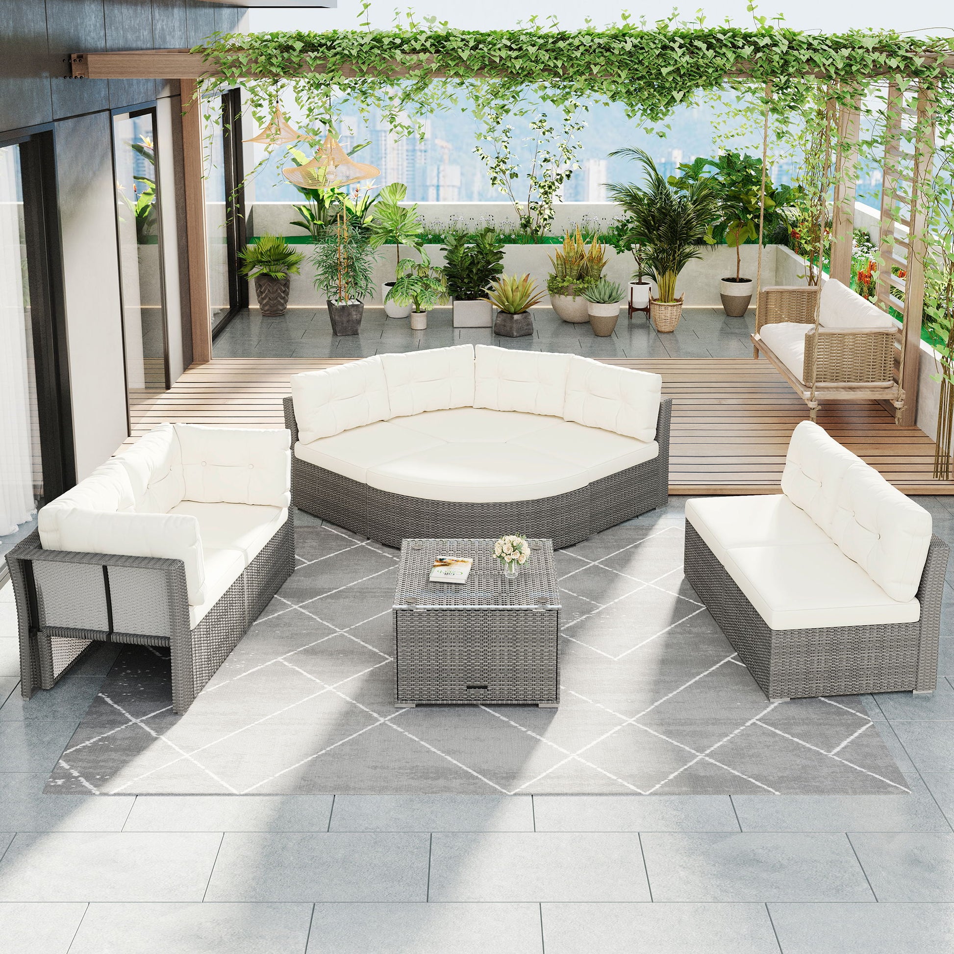 Patio Furniture Set Outdoor Daybed Rattan Sectional With Cushions And Center Table Hearth and Haven