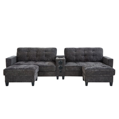 Modern Sectional Sofa U-Shaped With Movable Ottomans, tooth Speakers, LED Lights And Modular Storage Hearth and Haven