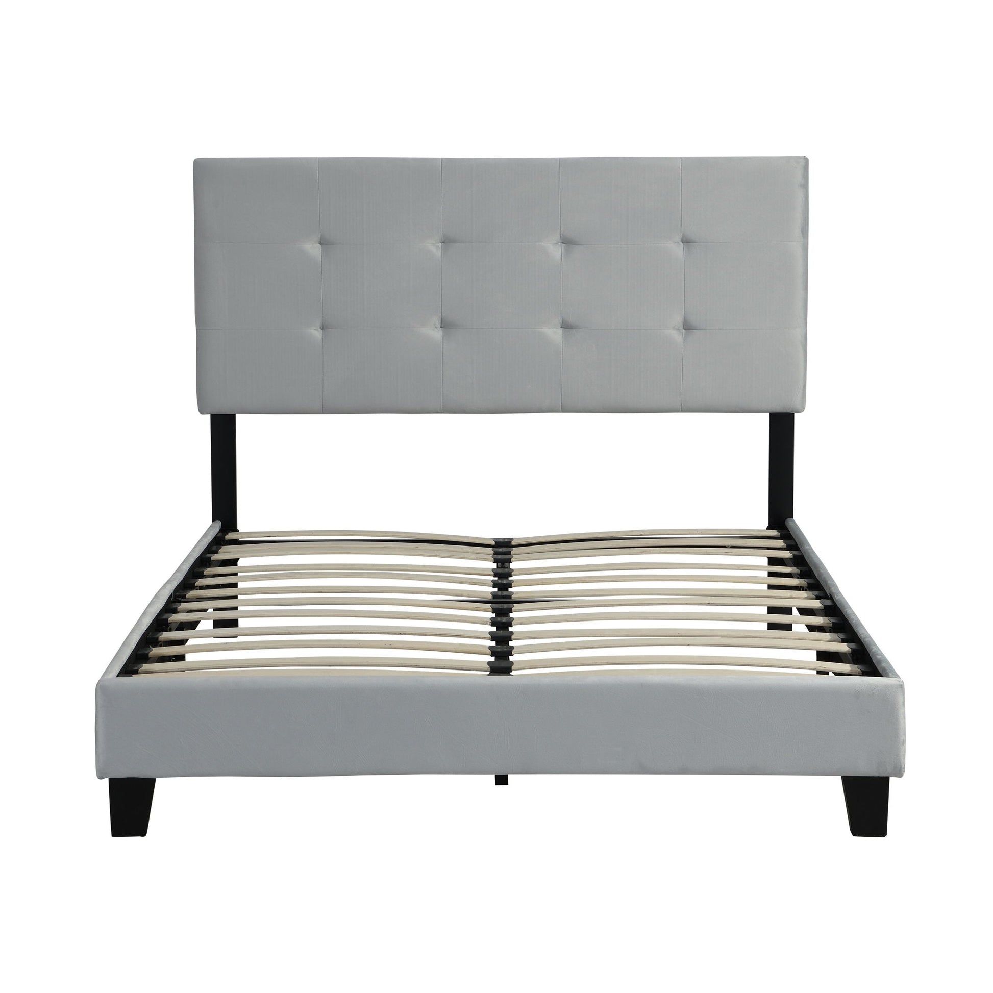Queen Size Upholstered Platform Bed Frame With Pull Point Tufted Headboard, Strong Slat Support, Mattress Foundation, No Box Spring Needed - Gray Home Essentials