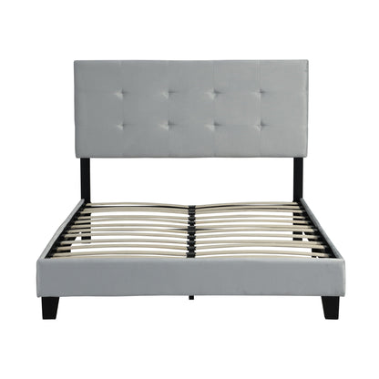 Queen Size Upholstered Platform Bed Frame With Pull Point Tufted Headboard, Strong Slat Support, Mattress Foundation, No Box Spring Needed - Gray Home Essentials