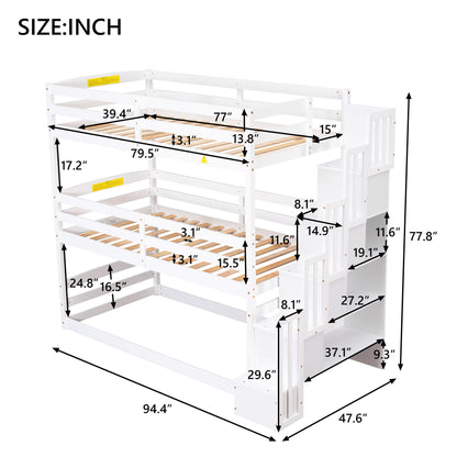Twin Size Triple Bunk Bed With Storage Staircase, Separate Design - White Hearth and Haven