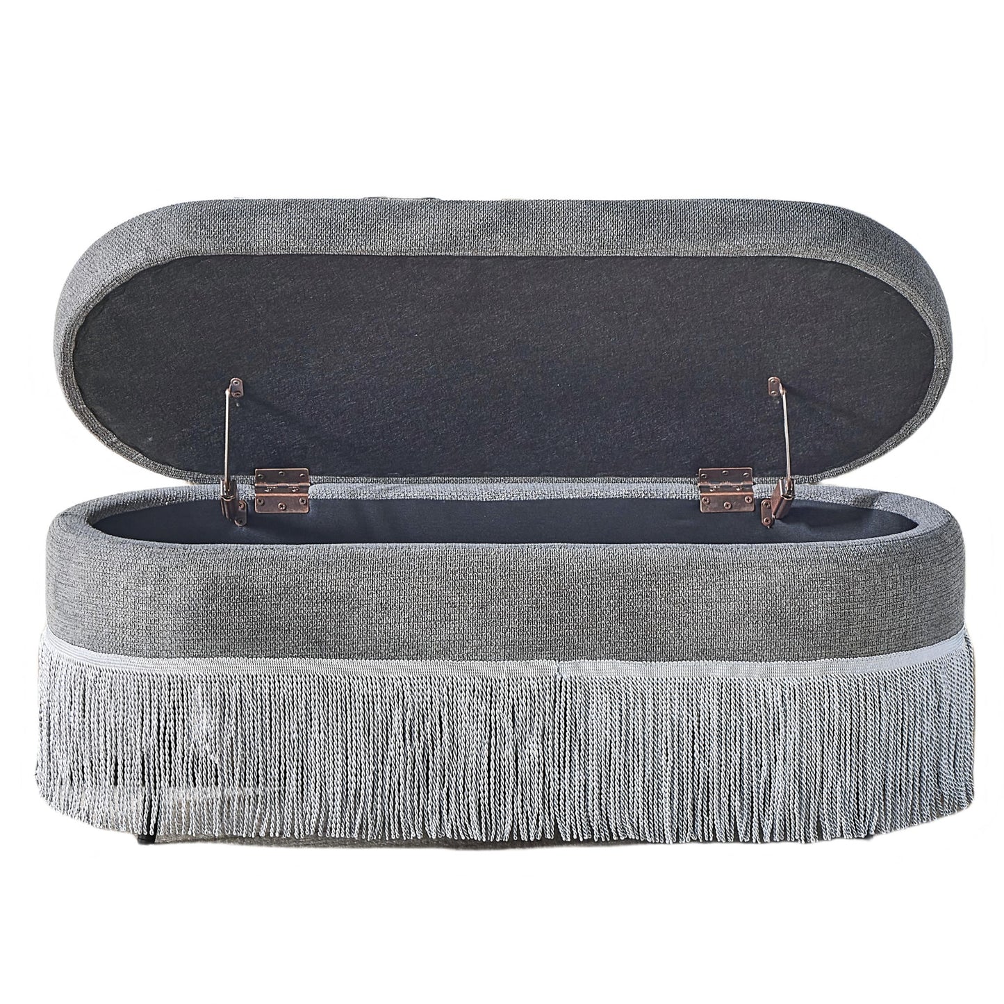 Oval Upholstered Storage Ottoman With Fringe Trim & Lift Top Lid Home Essentials