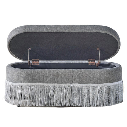 Oval Upholstered Storage Ottoman With Fringe Trim & Lift Top Lid Home Essentials