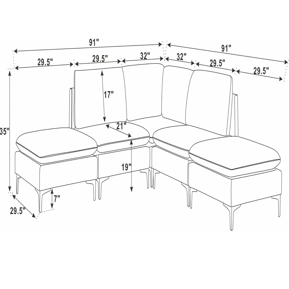 Upholstered Modular Sectional With Tall Legs, Medium Firm Seat Home Essentials