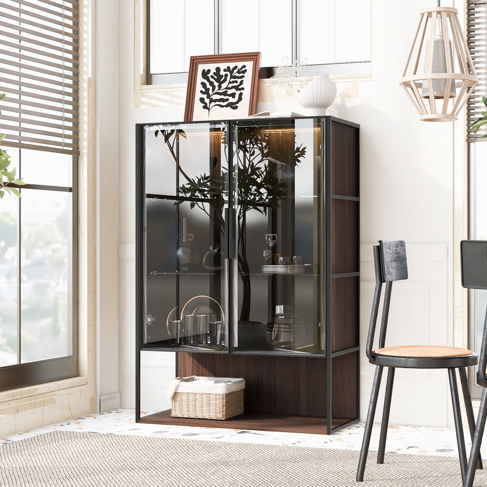 Modern Minimalist Tall Lighted Display Cabinet With Tempered Glass Door - Black / Dark Walnut Hearth and Haven