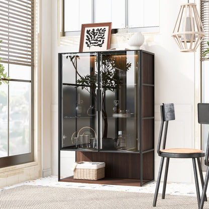 Modern Minimalist Tall Lighted Display Cabinet With Tempered Glass Door - Black / Dark Walnut Hearth and Haven