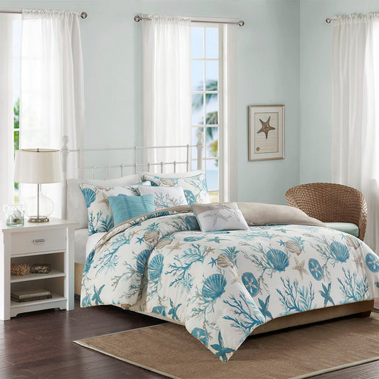 Pebble Beach - 6 Piece Cotton Sateen Duvet Cover Set - Aqua Madison Park