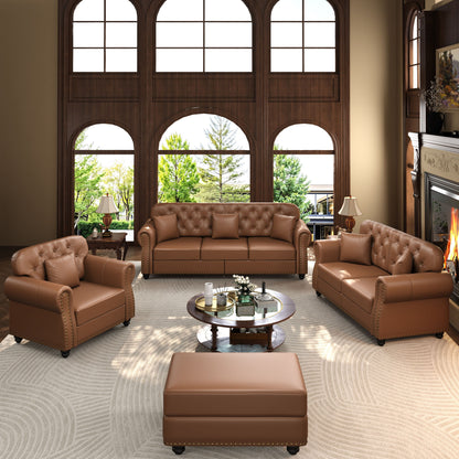 Upholstered Sofa With Nailhead Trim, Rolled Armrests With Ottoman Home Essentials