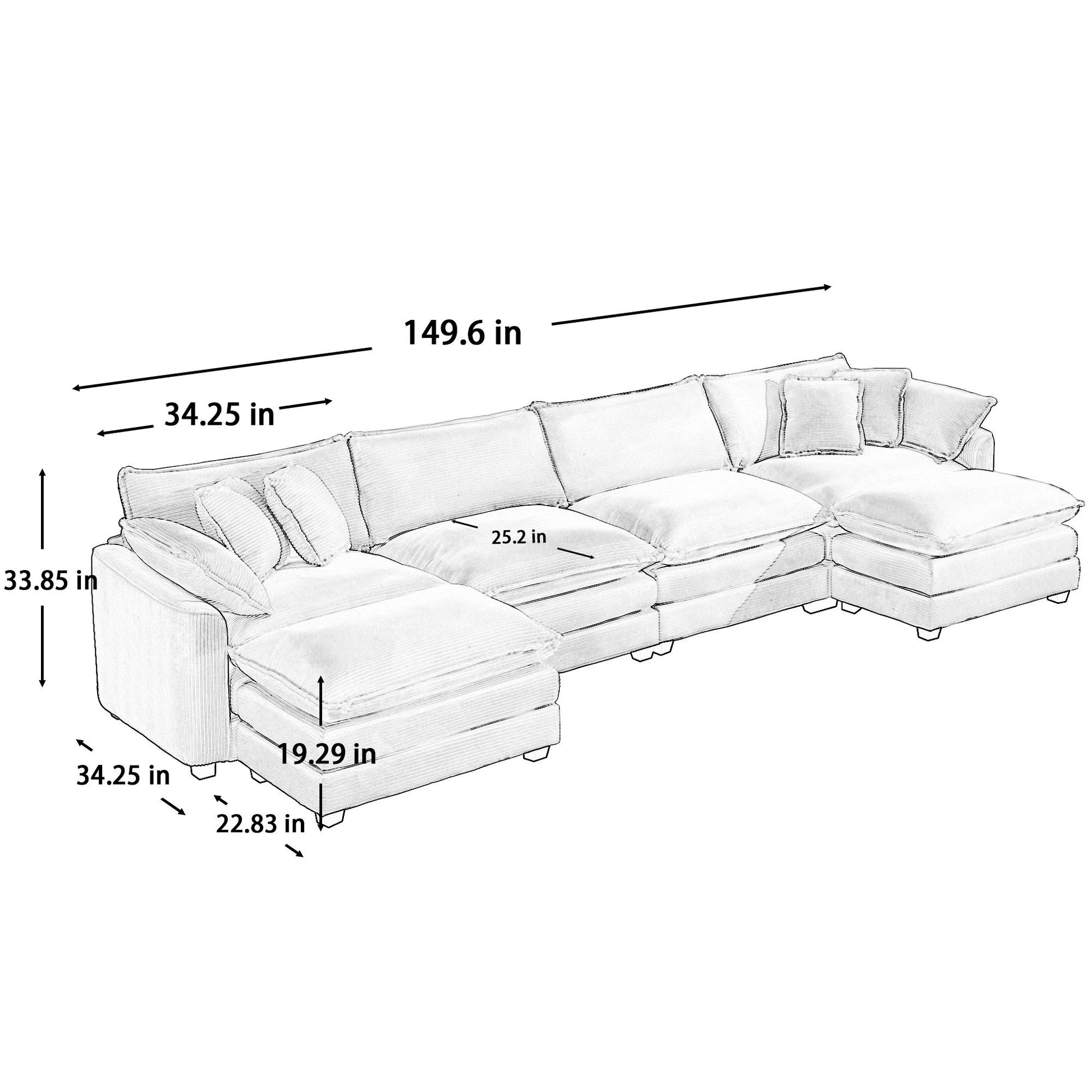 Modern Oversized Modular Cushion Sofa With Ottoman, Low Back, Deep Seating Sofa Set Home Essentials