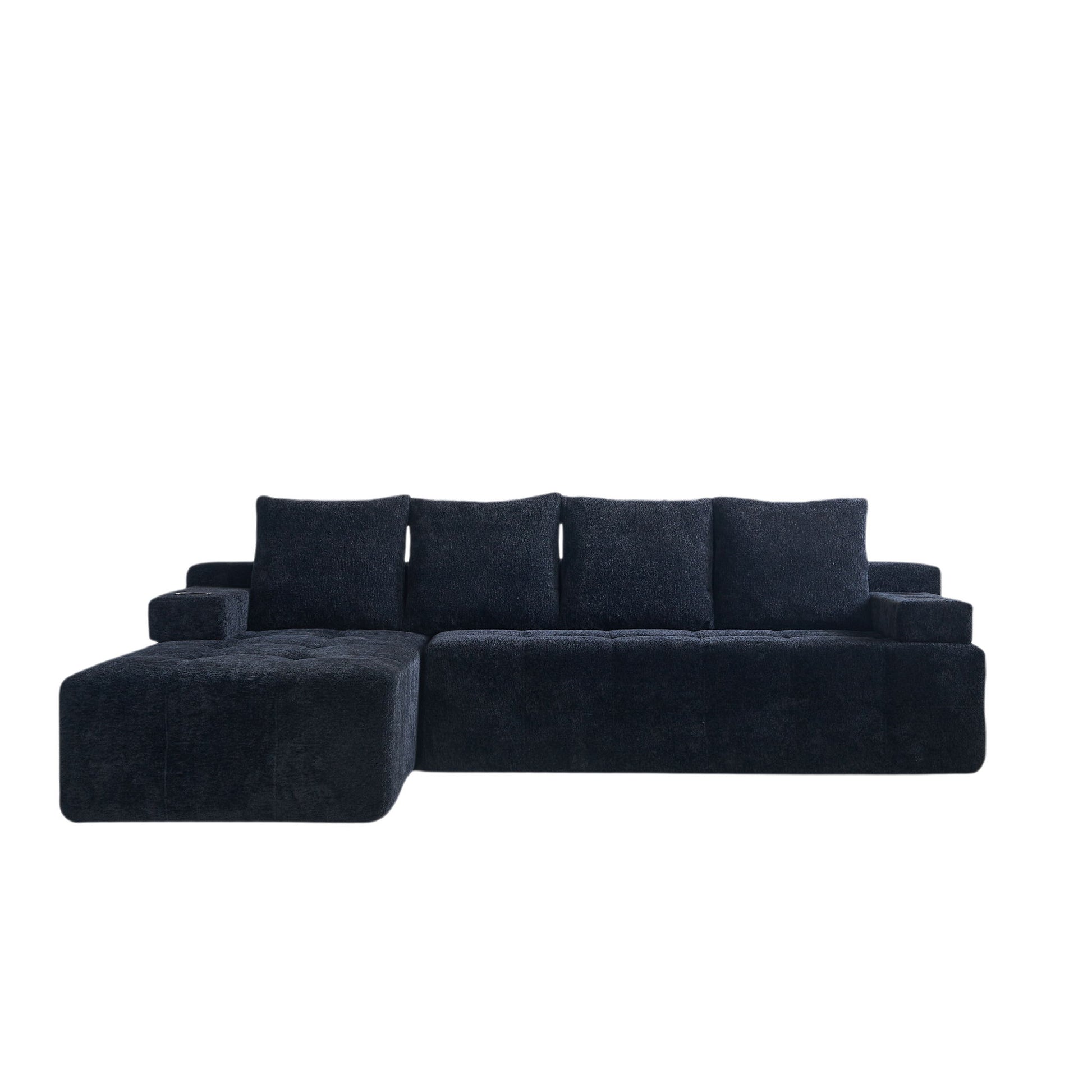 L - Shaped Sectional Sofa With Side Pockets, Wireless Charging, USB Ports, Cup Holder, Bluetooth Speaker, Reversible Lounge Chaise - Black Home Essentials