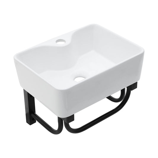 Rectangular Bathroom Sink With Towel Bar & Faucet Hole, Wall Mounted - White Home Essentials