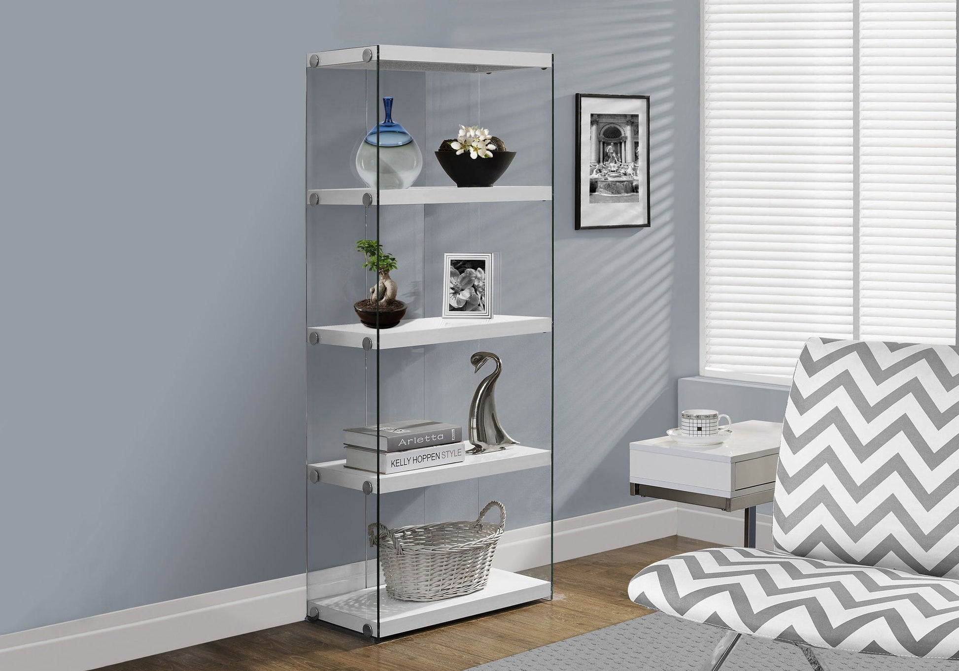 Bookshelf, Bookcase, Etagere, 5 Tier, Glossy Clear Tempered Glass - White 8th Street