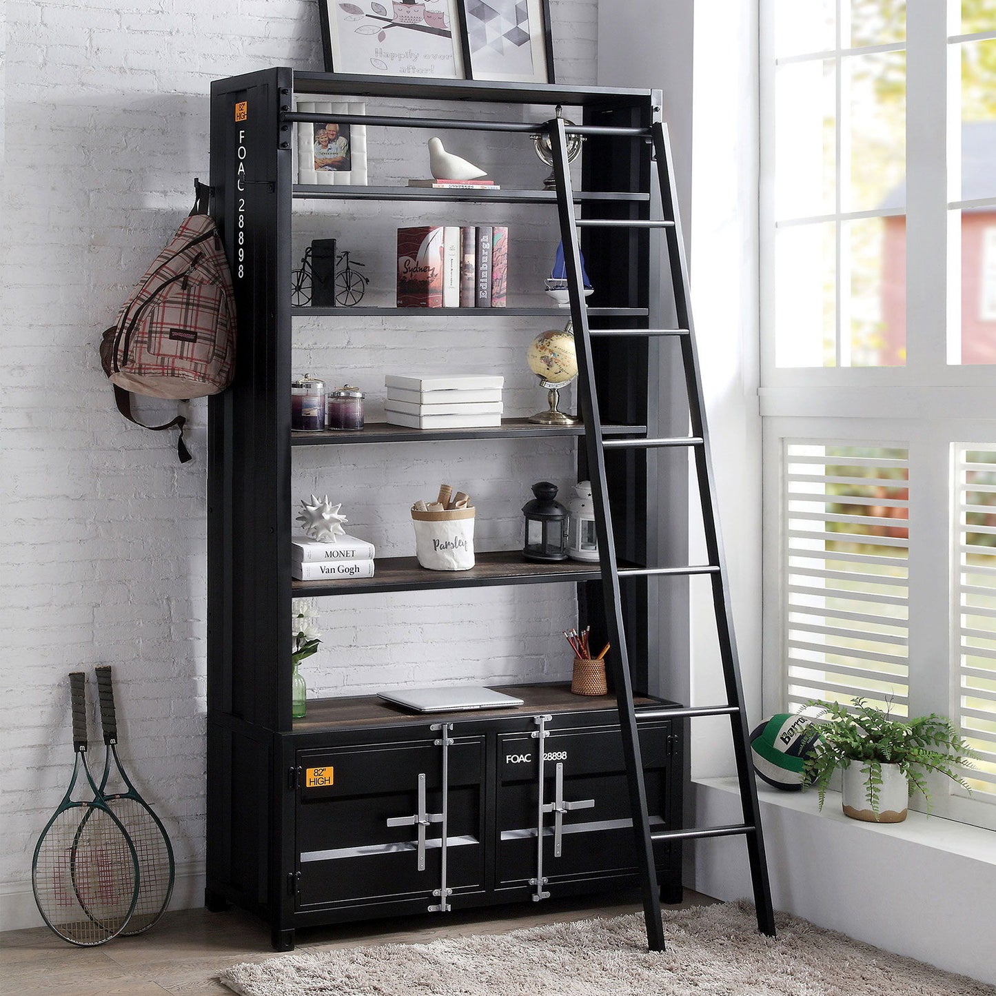 Dipiloh - Bookcase - Black / Distressed Dark Oak