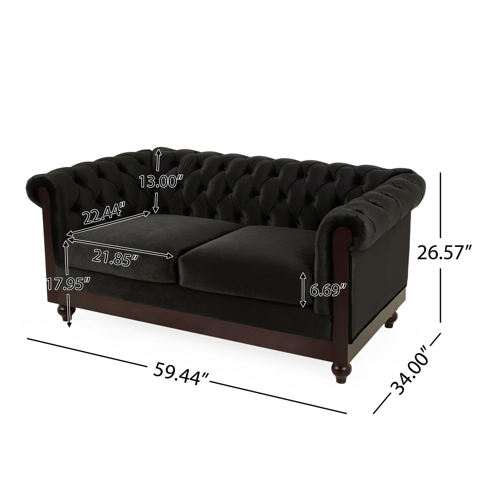 Chesterfield Velvet Loveseat Sofa, 2 Person Rolled Arm Upholstered Couch Noble House