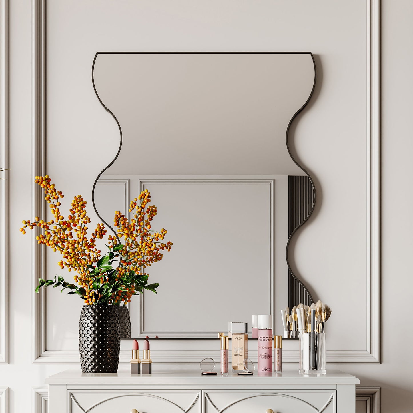 Wall Mirror Rectangular Mirror With 2 Wavy Sides Metal Framed Mirror Vanity Mirror Dressing Mirror, For Bathroom, Living Room, Bedroom Wall Decor