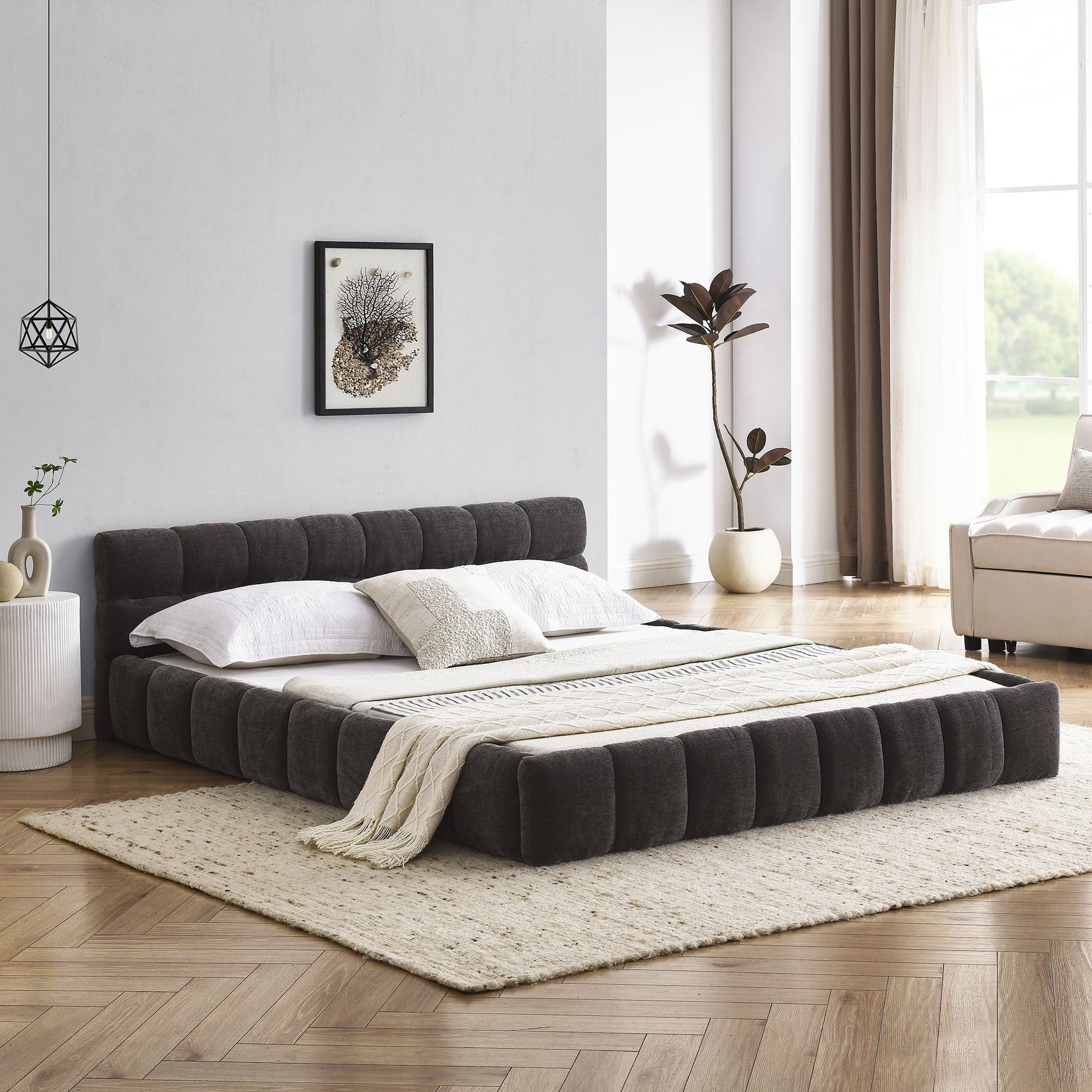 Modern Platform Bed Frame With Thick Chenille Fabric Home Essentials
