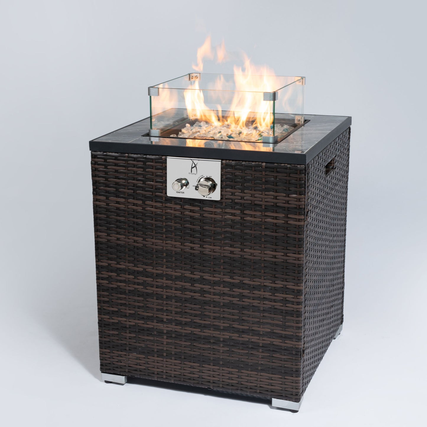 Propane Gas Square Fire Pit, Tile Tabletop With Beautiful Wicker Base For Outside Home Essentials